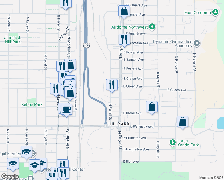 map of restaurants, bars, coffee shops, grocery stores, and more near 3507 East Queen Avenue in Spokane