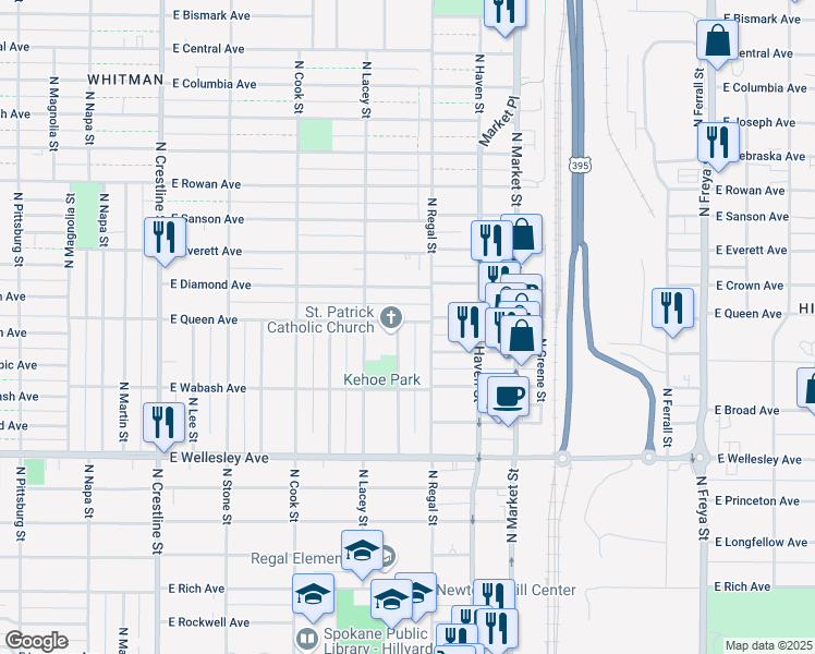 map of restaurants, bars, coffee shops, grocery stores, and more near 2809 East Queen Avenue in Spokane