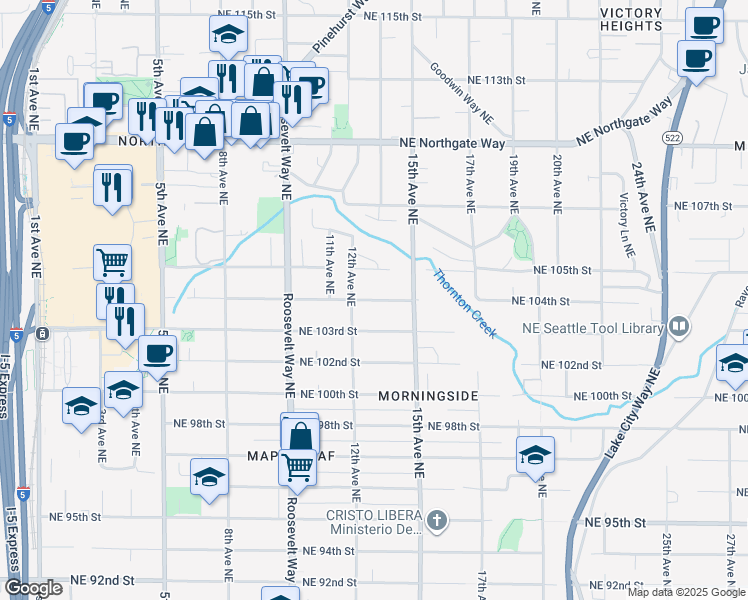 map of restaurants, bars, coffee shops, grocery stores, and more near 1215 Northeast 105th Street in Seattle