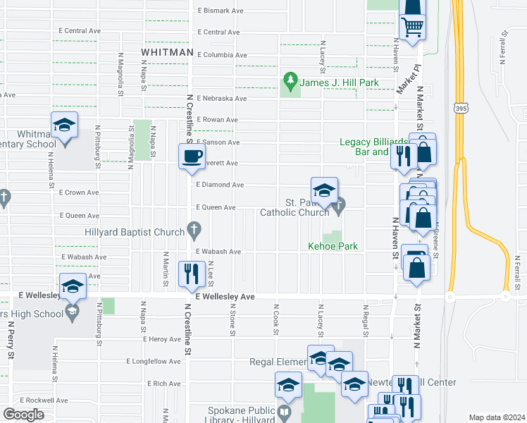 map of restaurants, bars, coffee shops, grocery stores, and more near 2410 East Queen Avenue in Spokane
