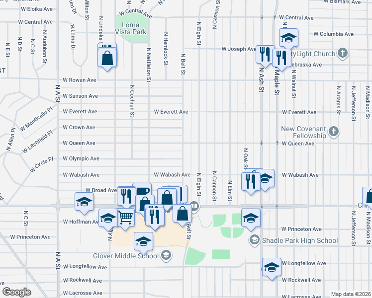 map of restaurants, bars, coffee shops, grocery stores, and more near 5024 North Belt Street in Spokane