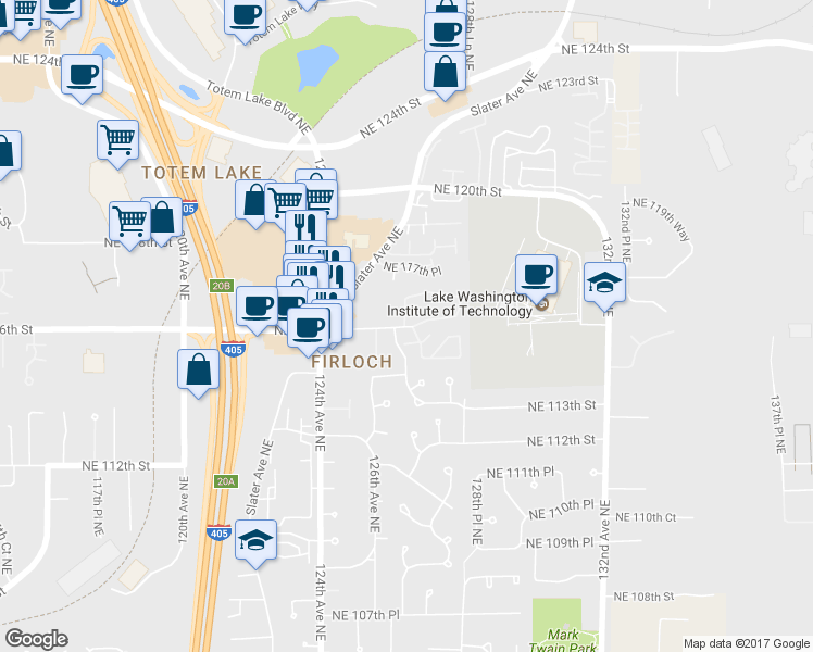 map of restaurants, bars, coffee shops, grocery stores, and more near 11616 127th Lane Northeast in Kirkland