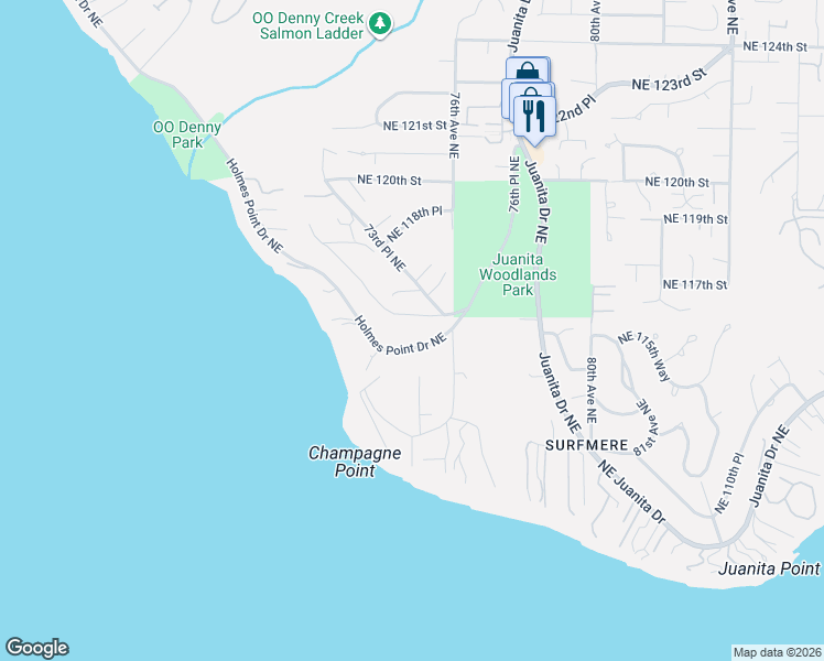 map of restaurants, bars, coffee shops, grocery stores, and more near 7230 Northeast 116th Street in Kirkland