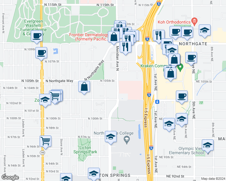 map of restaurants, bars, coffee shops, grocery stores, and more near in Seattle