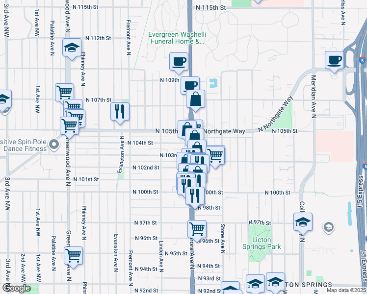 map of restaurants, bars, coffee shops, grocery stores, and more near 930 North 104th Street in Seattle