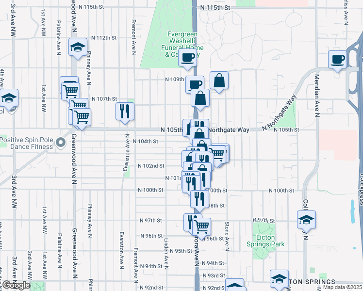 map of restaurants, bars, coffee shops, grocery stores, and more near 930 North 104th Street in Seattle