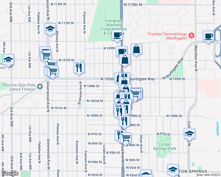 map of restaurants, bars, coffee shops, grocery stores, and more near 930 North 104th Street in Seattle