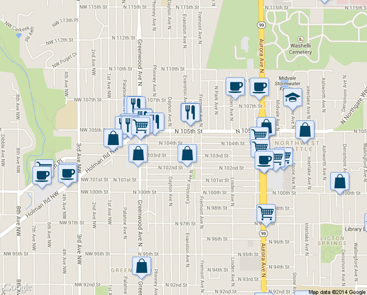 map of restaurants, bars, coffee shops, grocery stores, and more near 512 North 104th Street in Seattle