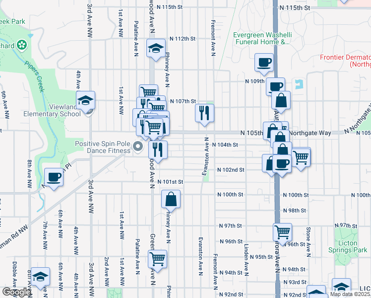 map of restaurants, bars, coffee shops, grocery stores, and more near 512 North 104th Street in Seattle
