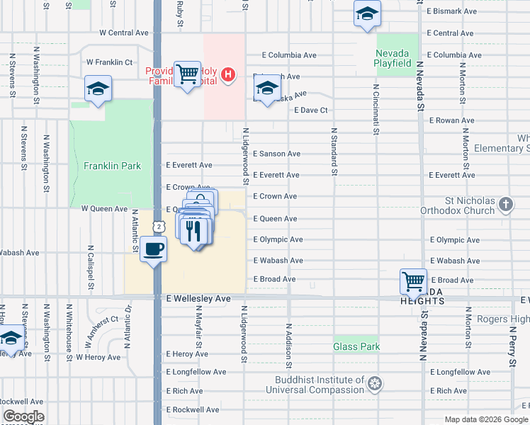 map of restaurants, bars, coffee shops, grocery stores, and more near 325 East Queen Avenue in Spokane