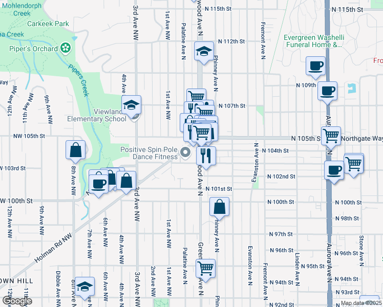 map of restaurants, bars, coffee shops, grocery stores, and more near 207 North 104th Street in Seattle
