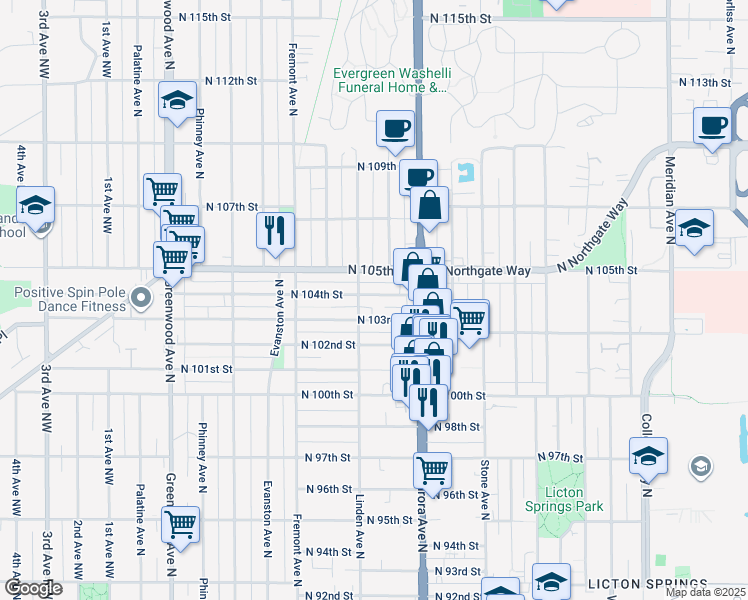 map of restaurants, bars, coffee shops, grocery stores, and more near 930 North 104th Street in Seattle