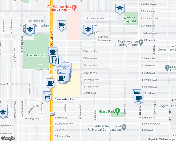 map of restaurants, bars, coffee shops, grocery stores, and more near 329 East Queen Avenue in Spokane