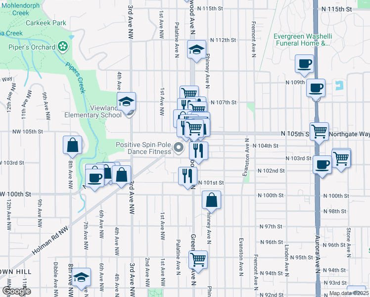 map of restaurants, bars, coffee shops, grocery stores, and more near 10439 Holman Road North in Seattle