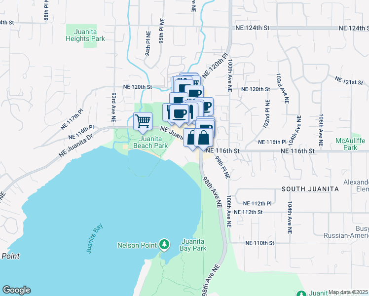 map of restaurants, bars, coffee shops, grocery stores, and more near 9757 Northeast Juanita Drive in Kirkland
