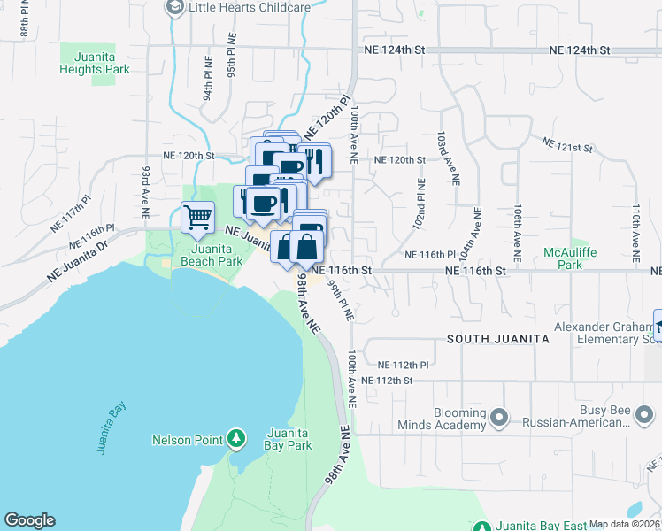 map of restaurants, bars, coffee shops, grocery stores, and more near 9828 Northeast 116th Street in Kirkland