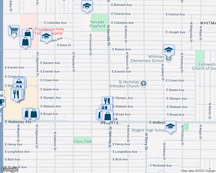 map of restaurants, bars, coffee shops, grocery stores, and more near 912 East Crown Avenue in Spokane