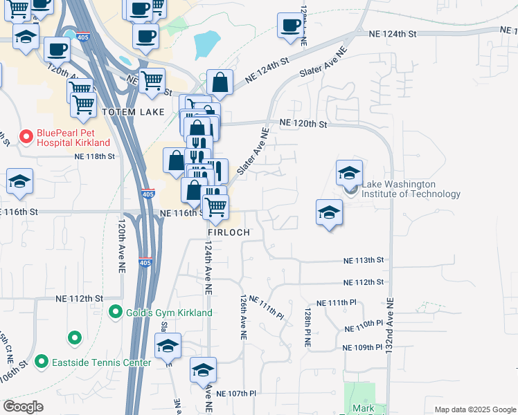 map of restaurants, bars, coffee shops, grocery stores, and more near 11616 127th Lane Northeast in Kirkland