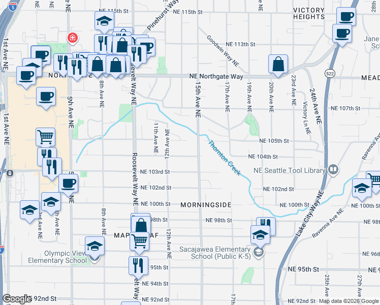 map of restaurants, bars, coffee shops, grocery stores, and more near 1245 Northeast 105th Street in Seattle
