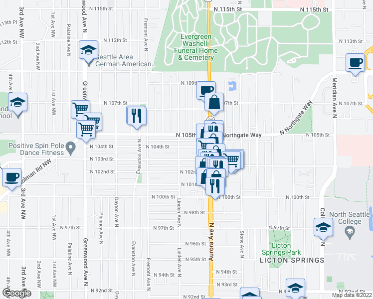 map of restaurants, bars, coffee shops, grocery stores, and more near 930 North 104th Street in Seattle