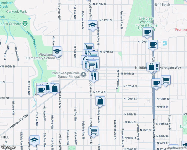 map of restaurants, bars, coffee shops, grocery stores, and more near 10400 Greenwood Avenue North in Seattle