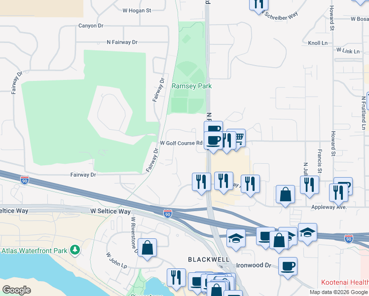 map of restaurants, bars, coffee shops, grocery stores, and more near 1820 Legends Parkway in Coeur d'Alene