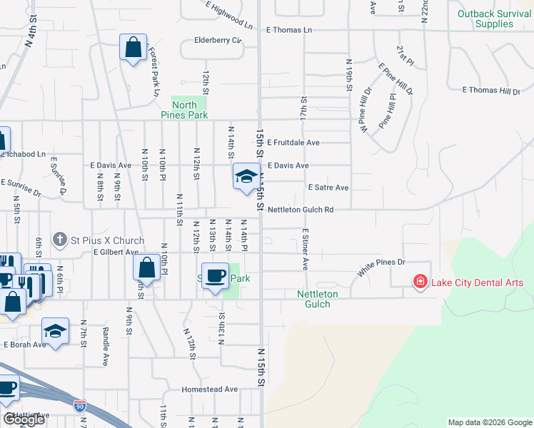 map of restaurants, bars, coffee shops, grocery stores, and more near 1511 East Nettleton Gulch Road in Coeur d'Alene