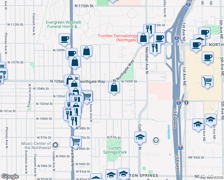 map of restaurants, bars, coffee shops, grocery stores, and more near 1621 North 105th Street in Seattle