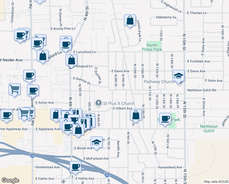 map of restaurants, bars, coffee shops, grocery stores, and more near 3105 North 8th Street in Coeur d'Alene