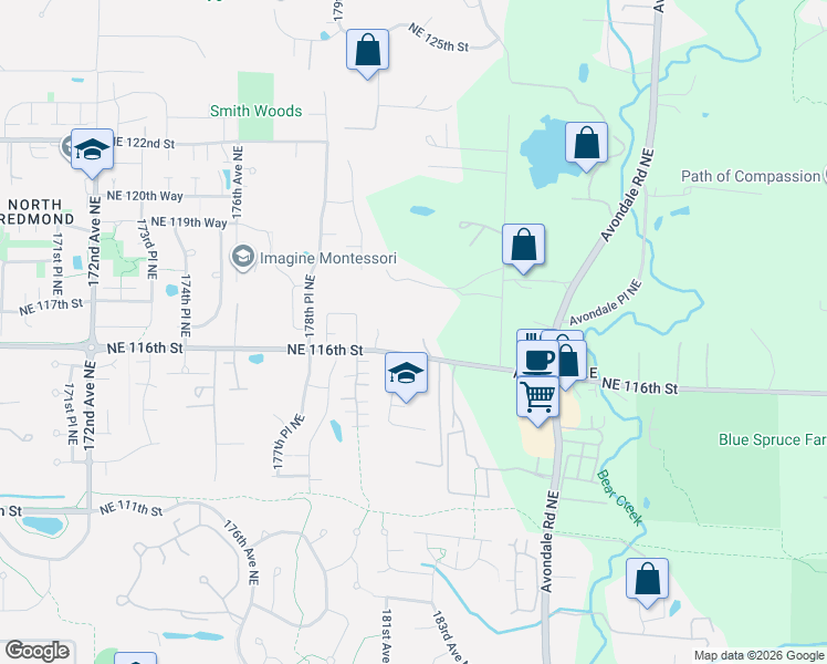 map of restaurants, bars, coffee shops, grocery stores, and more near 18012 Northeast 116th Street in Redmond