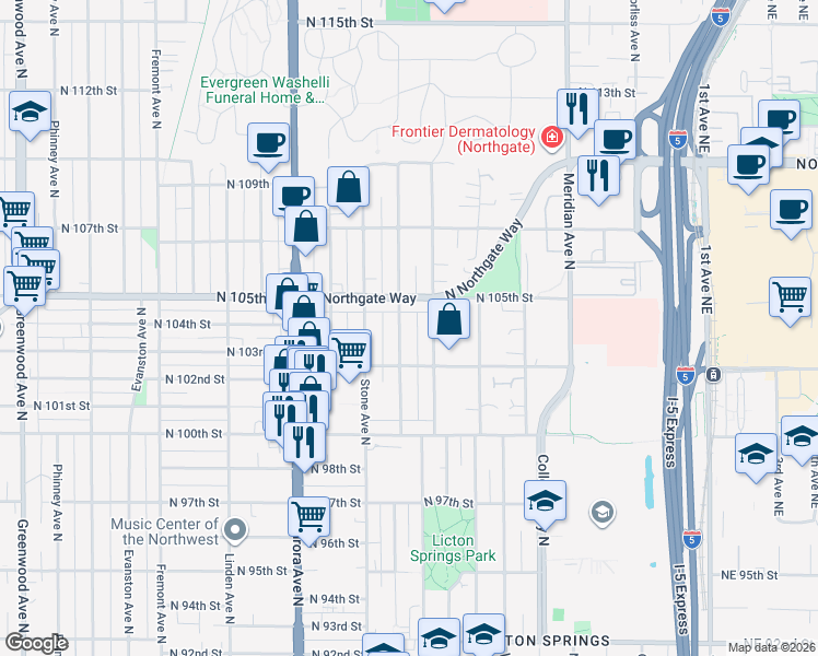 map of restaurants, bars, coffee shops, grocery stores, and more near 10341 Ashworth Avenue North in Seattle