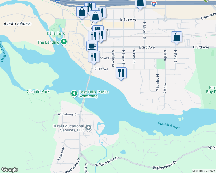 map of restaurants, bars, coffee shops, grocery stores, and more near 216 East 1st Avenue in Post Falls