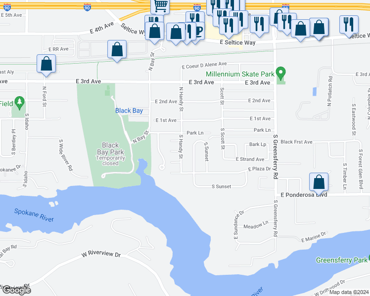 map of restaurants, bars, coffee shops, grocery stores, and more near 207 Handy Street in Post Falls