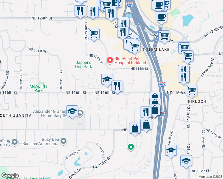 map of restaurants, bars, coffee shops, grocery stores, and more near 11526 Northeast 116th Street in Kirkland