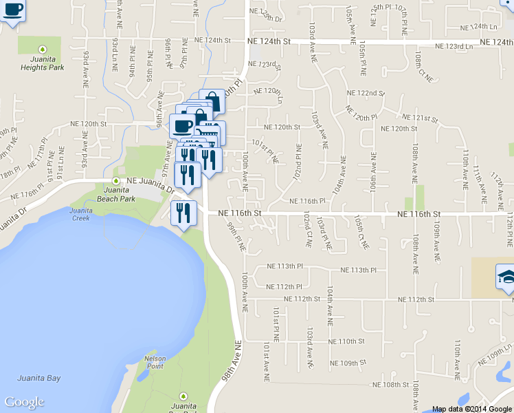 map of restaurants, bars, coffee shops, grocery stores, and more near 11611 101st Place Northeast in Kirkland