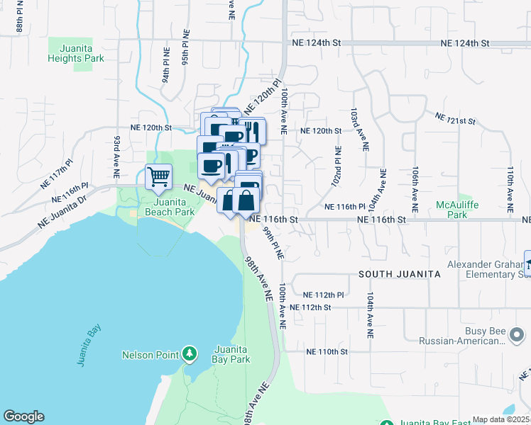 map of restaurants, bars, coffee shops, grocery stores, and more near 9828 Northeast 116th Street in Kirkland