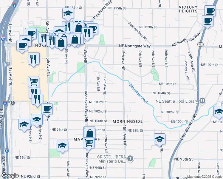 map of restaurants, bars, coffee shops, grocery stores, and more near 1215 Northeast 105th Street in Seattle