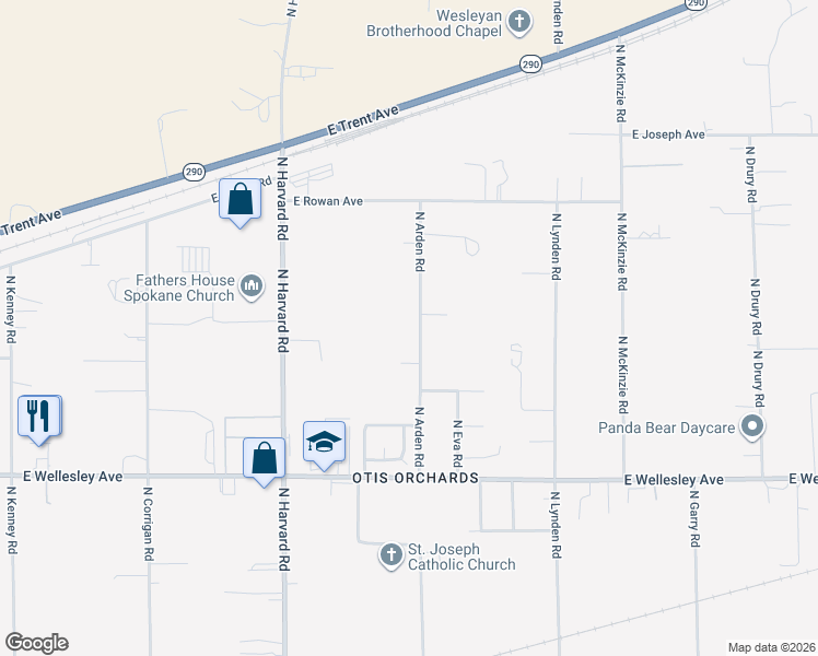 map of restaurants, bars, coffee shops, grocery stores, and more near 5220 North Arden Road in Otis Orchards-East Farms