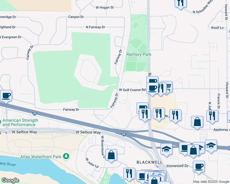 map of restaurants, bars, coffee shops, grocery stores, and more near 1793 Fairway Drive in Coeur d'Alene
