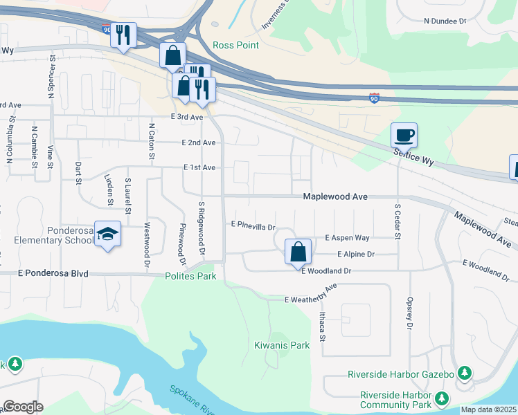 map of restaurants, bars, coffee shops, grocery stores, and more near 201 South Hemlock Court in Post Falls