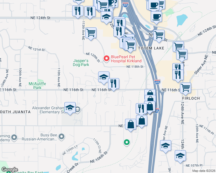 map of restaurants, bars, coffee shops, grocery stores, and more near 11526 Northeast 116th Street in Kirkland