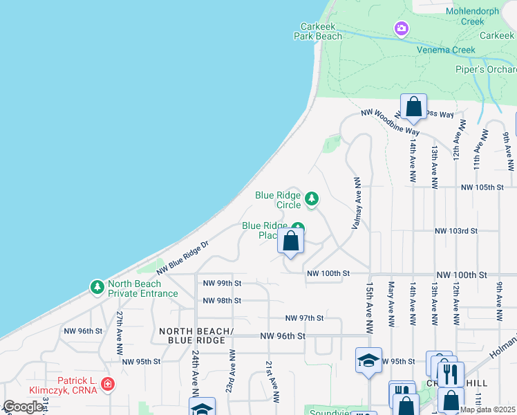 map of restaurants, bars, coffee shops, grocery stores, and more near 10334 Bedford Court Northwest in Seattle