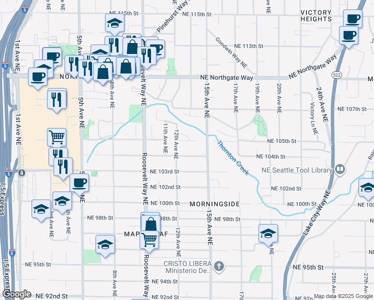 map of restaurants, bars, coffee shops, grocery stores, and more near 1215 Northeast 105th Street in Seattle