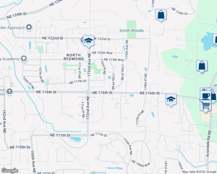 map of restaurants, bars, coffee shops, grocery stores, and more near 11629 174th Place Northeast in Redmond