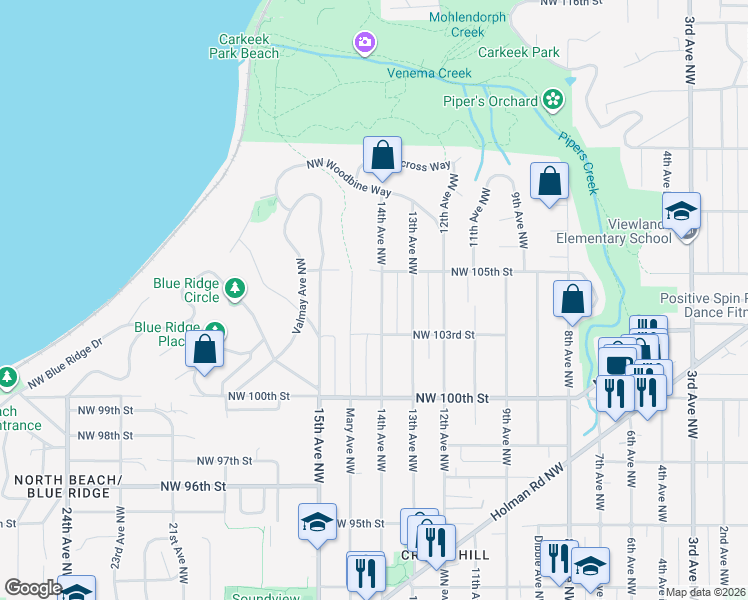 map of restaurants, bars, coffee shops, grocery stores, and more near 10331 14th Avenue Northwest in Seattle