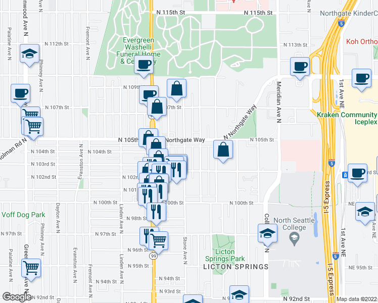 map of restaurants, bars, coffee shops, grocery stores, and more near 10338 Stone Avenue North in Seattle