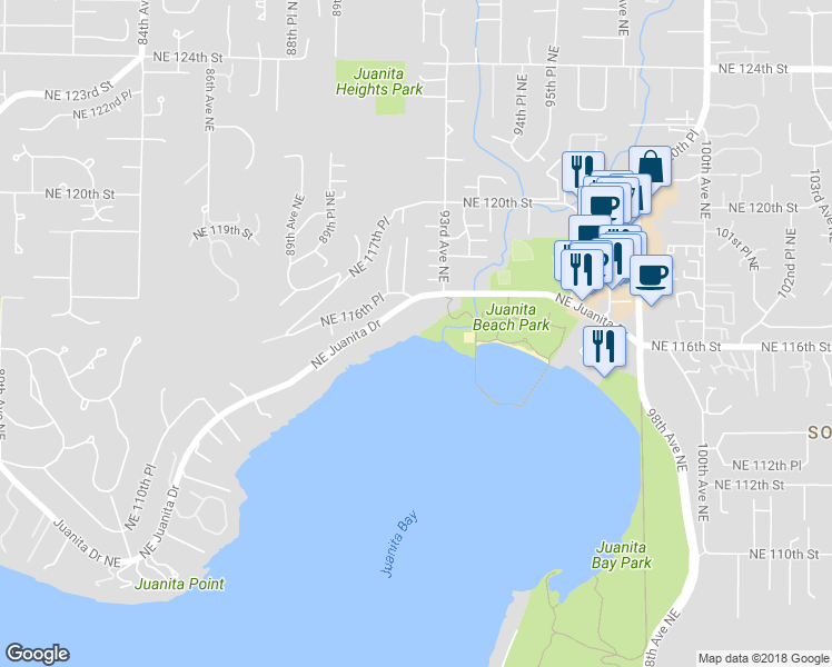 map of restaurants, bars, coffee shops, grocery stores, and more near 9123 Northeast Juanita Drive in Kirkland
