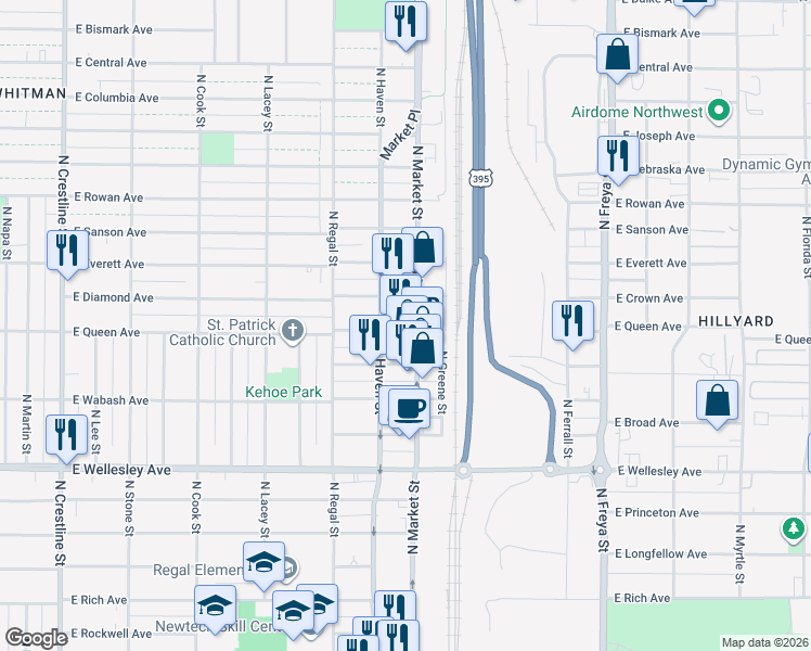 map of restaurants, bars, coffee shops, grocery stores, and more near 3007 East Queen Avenue in Spokane