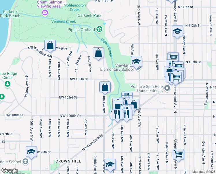 map of restaurants, bars, coffee shops, grocery stores, and more near 10407 Alderbrook Place Northwest in Seattle