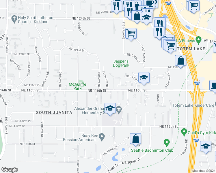 map of restaurants, bars, coffee shops, grocery stores, and more near 11616 111th Avenue Northeast in Kirkland